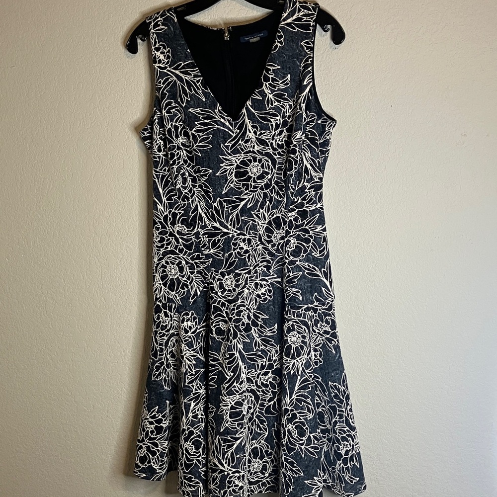 Tommy Hilfiger Black Blue and White Floral Midi Dress